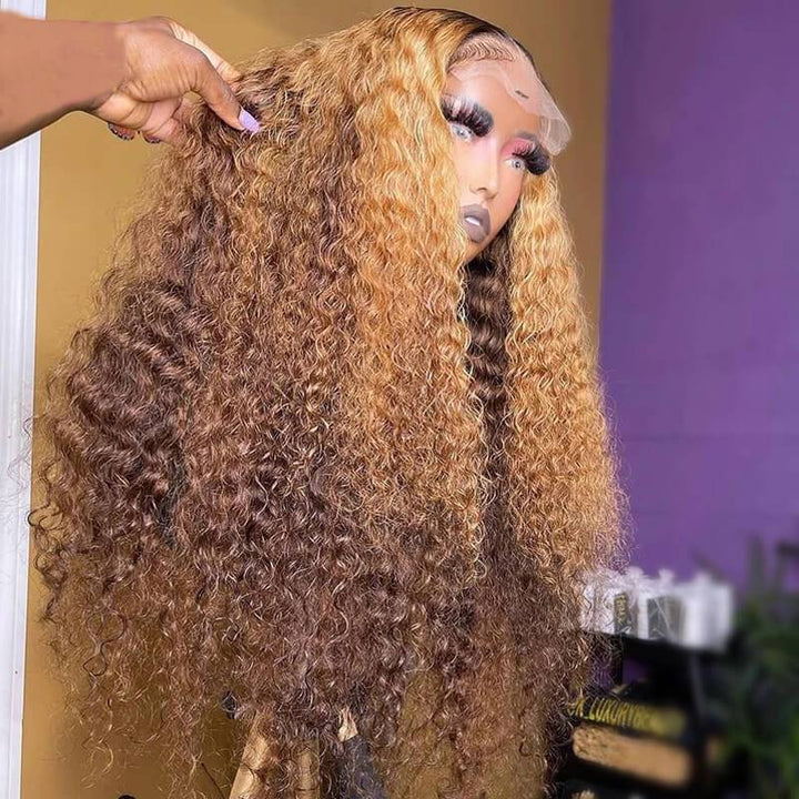 eullair Ombre 1b Honey Blonde Brown Curly Lace Frontal Wig Colored Glueless Human Hair Wig Pre Plucked