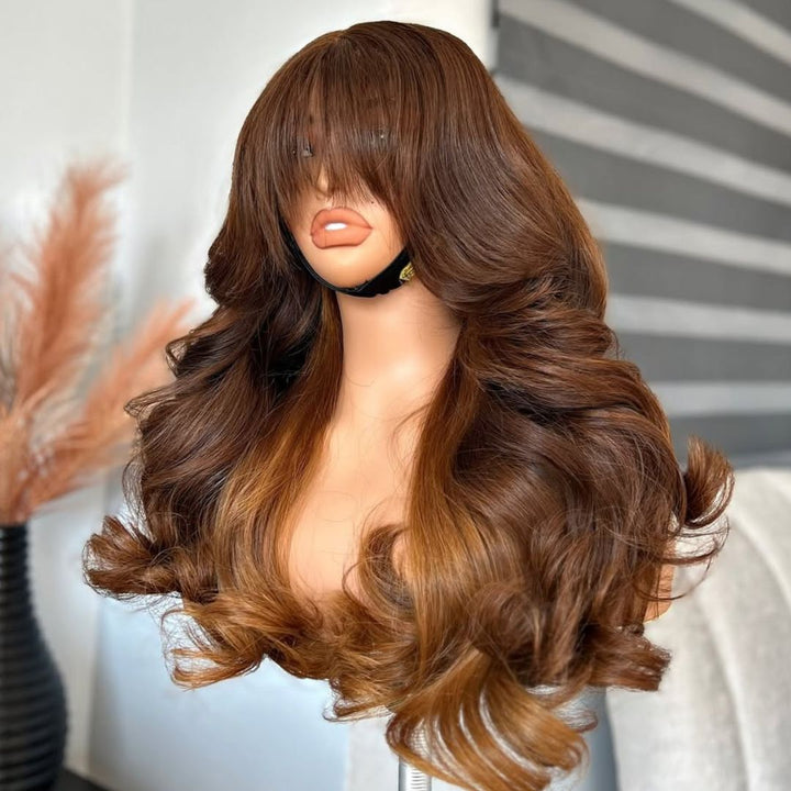 eullair Two Tone Blonde Custom Color Wig 13x4 Lace Frontal Loose Wave Wig with Bangs Pre Plucked