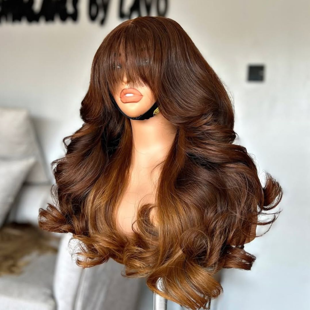 eullair Two Tone Blonde Custom Color Wig 13x4 Lace Frontal Loose Wave Wig with Bangs Pre Plucked