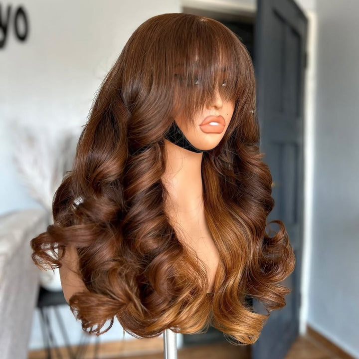 eullair Two Tone Blonde Custom Color Wig 13x4 Lace Frontal Loose Wave Wig with Bangs Pre Plucked