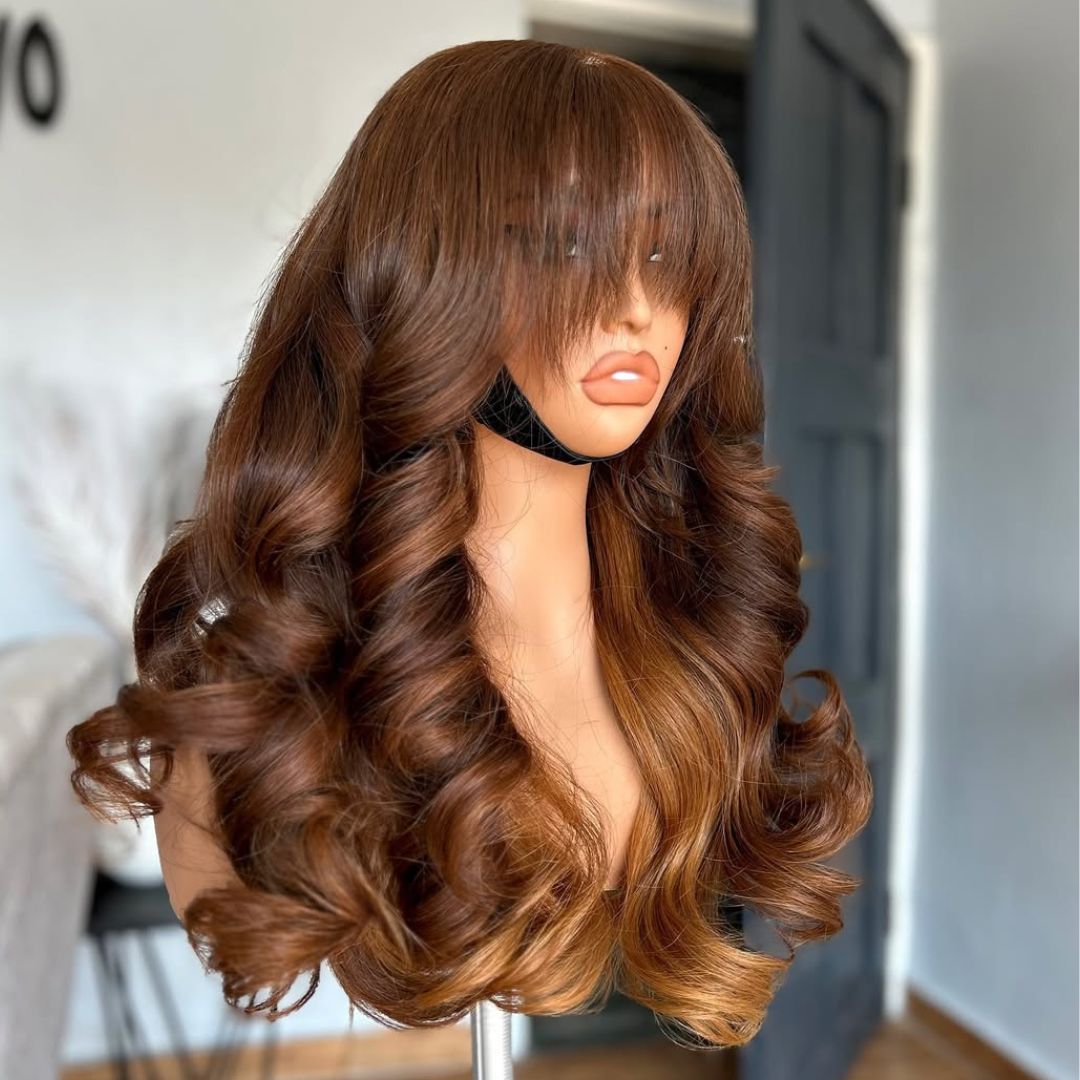 eullair Two Tone Blonde Custom Color Wig 13x4 Lace Frontal Loose Wave Wig with Bangs Pre Plucked