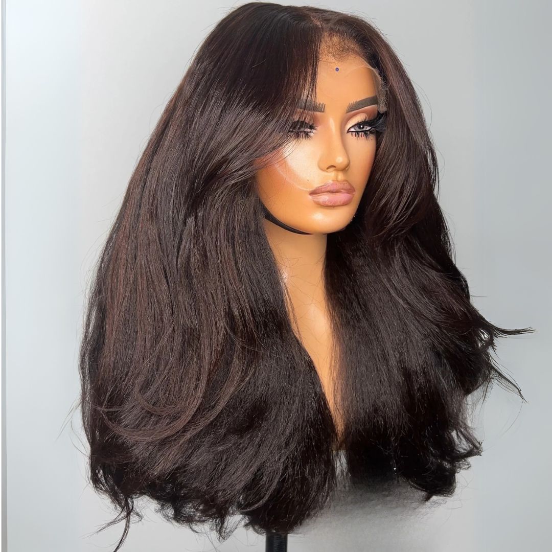 eullair Two Tone Chocolate Custom Color Yaki Straight Wig 13x4 Layer Cut Curtain Bangs Lace Frontal Human Hair Wigs