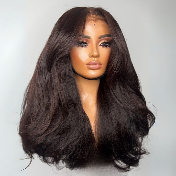 eullair Two Tone Chocolate Custom Color Yaki Straight Wig 13x4 Layer Cut Curtain Bangs Lace Frontal Human Hair Wigs