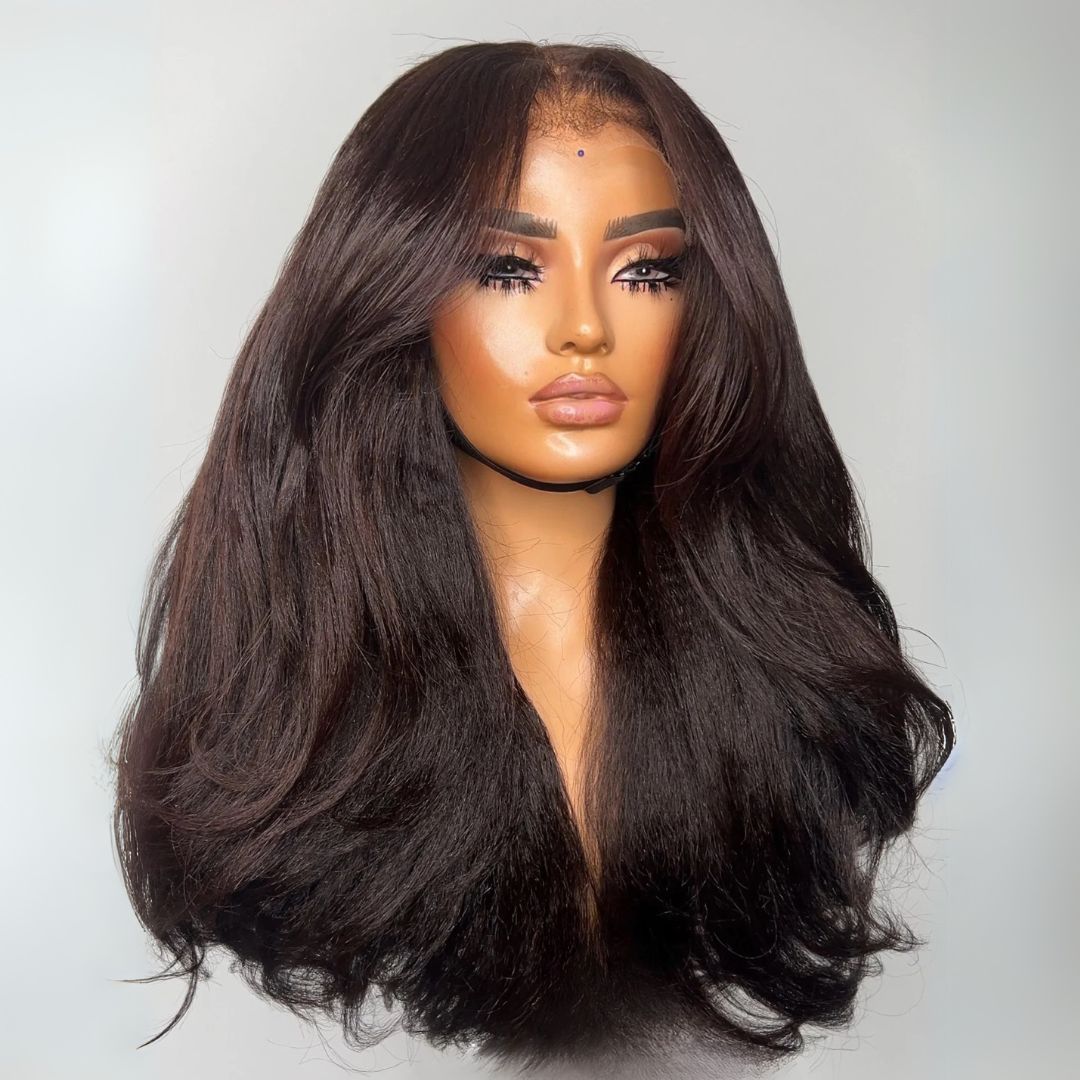 eullair Two Tone Chocolate Custom Color Yaki Straight Wig 13x4 Layer Cut Curtain Bangs Lace Frontal Human Hair Wigs