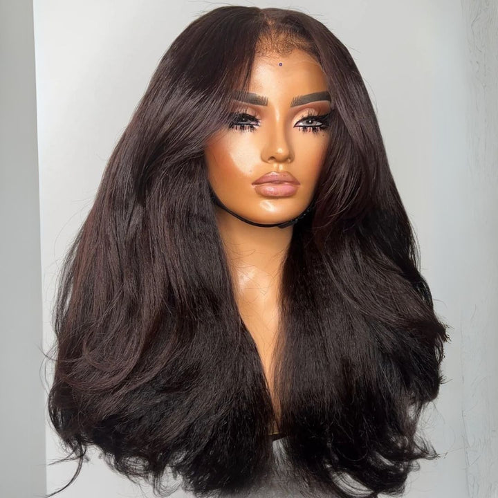 eullair Two Tone Chocolate Custom Color Yaki Straight Wig 13x4 Layer Cut Curtain Bangs Lace Frontal Human Hair Wigs