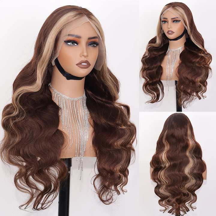 eullair Dark Brown Body Wave Wig with Honey Blonde Highlights Skunk Stripe Lace Frontal Wig