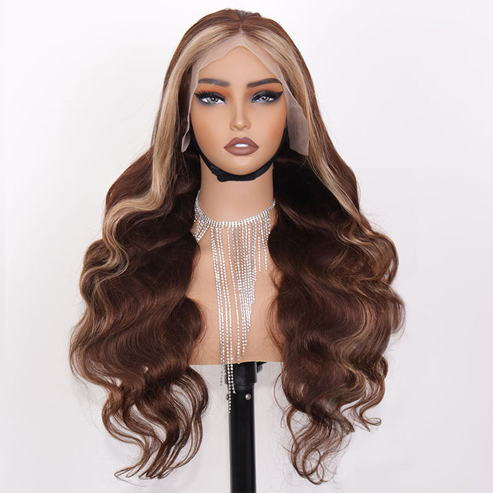 eullair Dark Brown Body Wave Wig with Honey Blonde Highlights Skunk Stripe Lace Frontal Wig