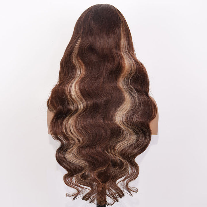 eullair Dark Brown Body Wave Wig with Honey Blonde Highlights Skunk Stripe Lace Frontal Wig