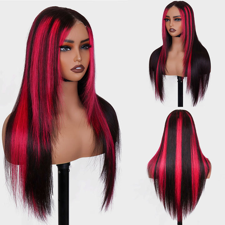 eullair Framing Green Skunk Stripe Layered Cut Styled Golden Ginger Highlight Straight Pre Cut Lace Front Human Hair Wig