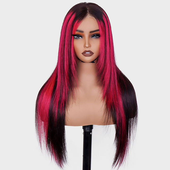 eullair Framing Green Skunk Stripe Layered Cut Styled Golden Ginger Highlight Straight Pre Cut Lace Front Human Hair Wig