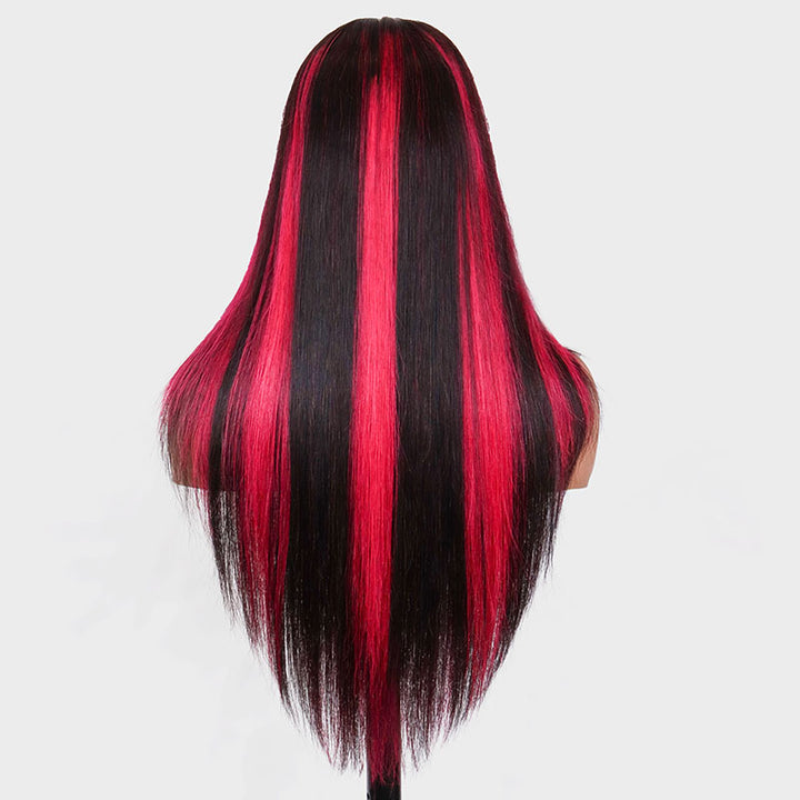 eullair Framing Green Skunk Stripe Layered Cut Styled Golden Ginger Highlight Straight Pre Cut Lace Front Human Hair Wig