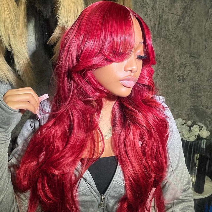 eullair Burgundy Red Body Wave with Layered Cut Curtain Bangs Wig Human Hair Glulesss Lace Frontal Wig