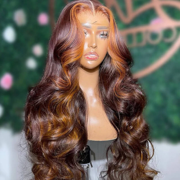 eullair Dark Brown Body Wave Wig with Honey Blonde Highlights Skunk Stripe Lace Frontal Wig