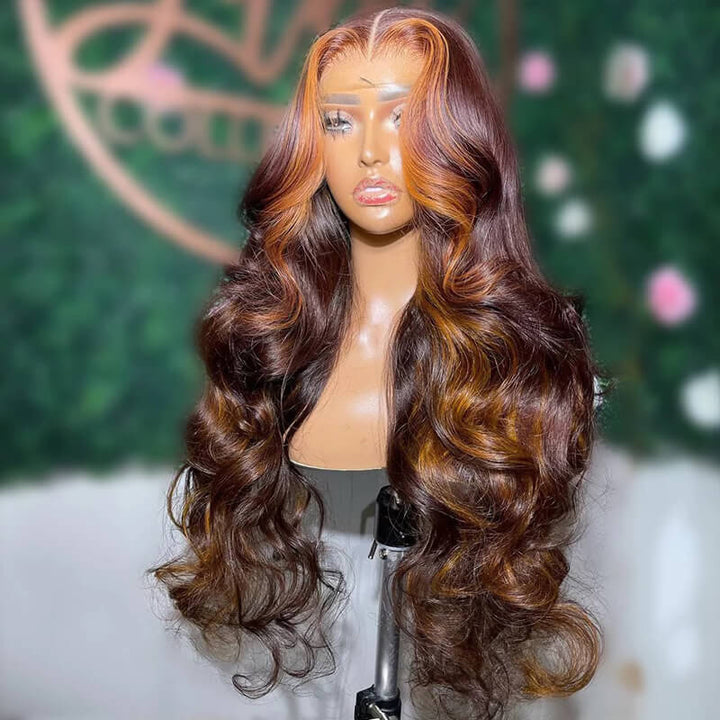 eullair Dark Brown Body Wave Wig with Honey Blonde Highlights Skunk Stripe Lace Frontal Wig
