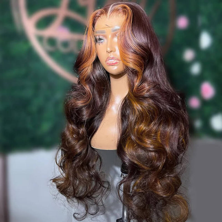 eullair Dark Brown Body Wave Wig with Honey Blonde Highlights Skunk Stripe Lace Frontal Wig