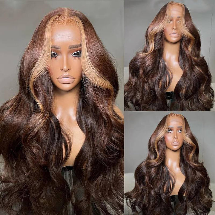eullair Dark Brown Body Wave Wig with Honey Blonde Highlights Skunk Stripe Lace Frontal Wig