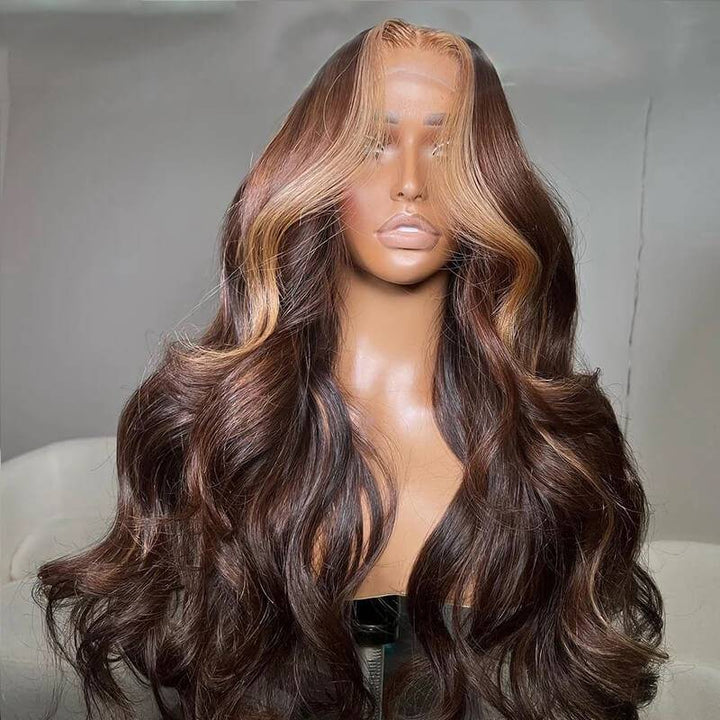 eullair Dark Brown Body Wave Wig with Honey Blonde Highlights Skunk Stripe Lace Frontal Wig