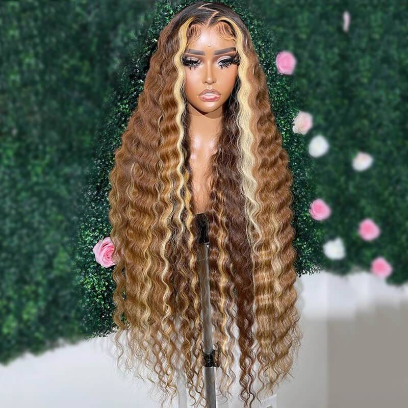 eullair Brown with Blonde Highlight Loose Deep Wave Wig Skunk Stripe Human Hair Lace Frontal Wig