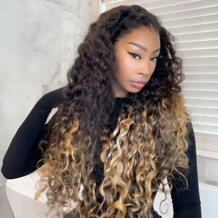 eullair Ombre 1b Honey Blonde Water Wave Glueless Lace Frontal Wig Breathable HD Lace Pre Colored Two Tones Curly Human Hair Wig Easy Install and Low Maintenance ( EW004 )