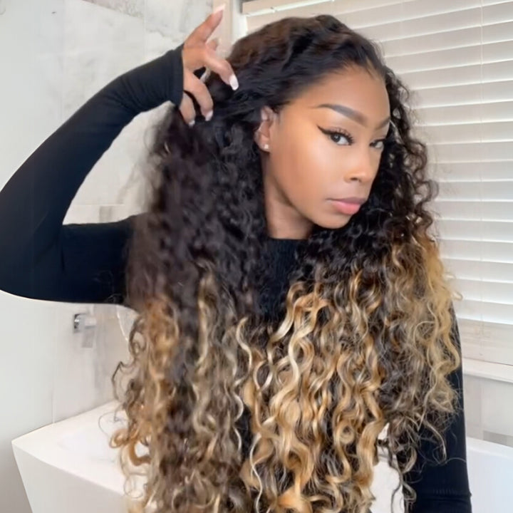 eullair Ombre 1b Honey Blonde Water Wave Glueless Lace Frontal Wig Breathable HD Lace Pre Colored Two Tones Curly Human Hair Wig Easy Install and Low Maintenance ( EW004 )