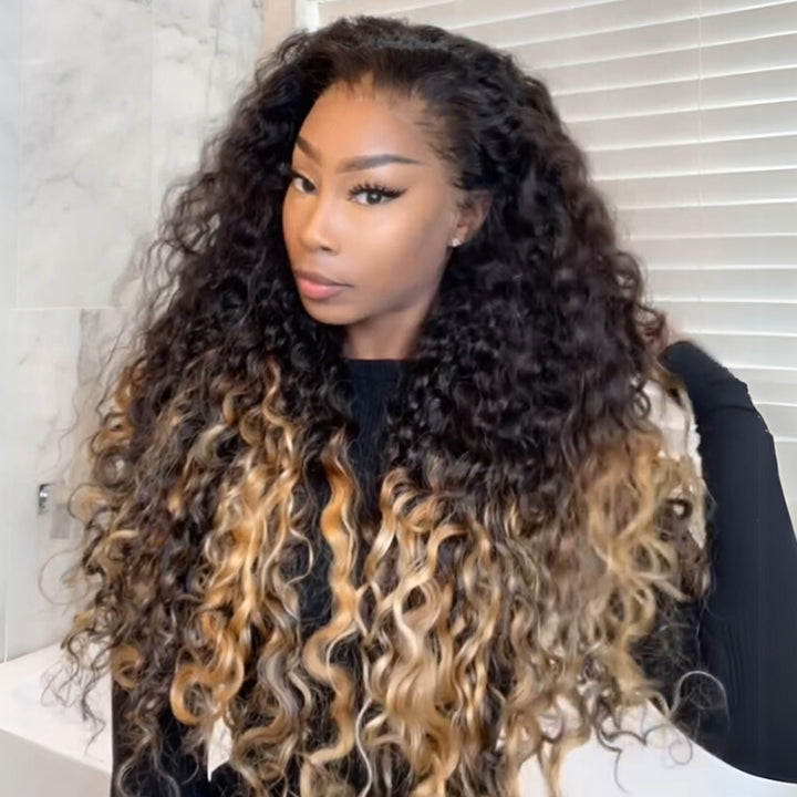 eullair Ombre 1b Honey Blonde Water Wave Glueless Lace Frontal Wig Breathable HD Lace Pre Colored Two Tones Curly Human Hair Wig Easy Install and Low Maintenance ( EW004 )