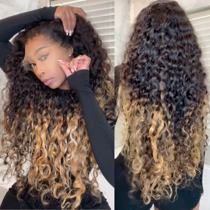 eullair Ombre 1b Honey Blonde Water Wave Glueless Lace Frontal Wig Breathable HD Lace Pre Colored Two Tones Curly Human Hair Wig Easy Install and Low Maintenance ( EW004 )