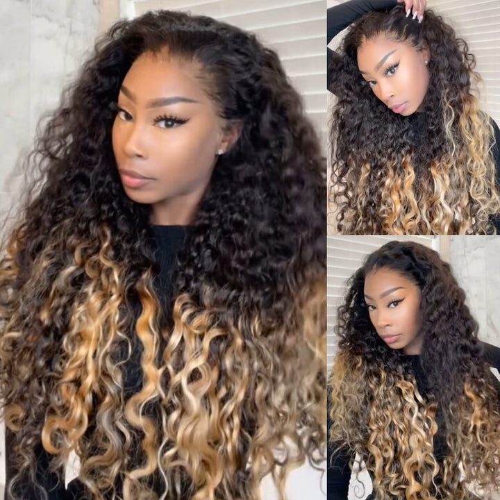 eullair Ombre 1b Honey Blonde Water Wave Glueless Lace Frontal Wig Breathable HD Lace Pre Colored Two Tones Curly Human Hair Wig Easy Install and Low Maintenance ( EW004 )