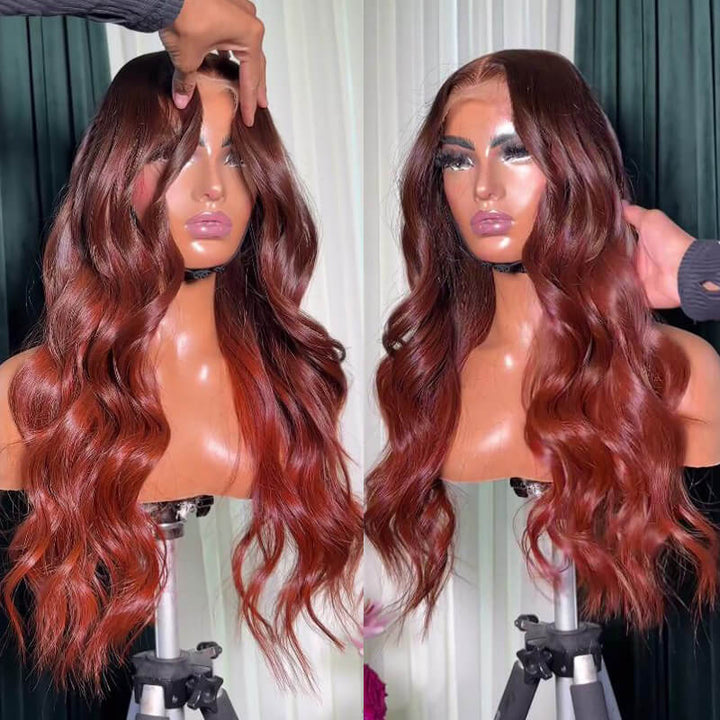 eullair Ombre Reddish Brown Loose Wavy Human Hair Wig with Curtain Bangs Layered Cut Human Hair Glueless Wig