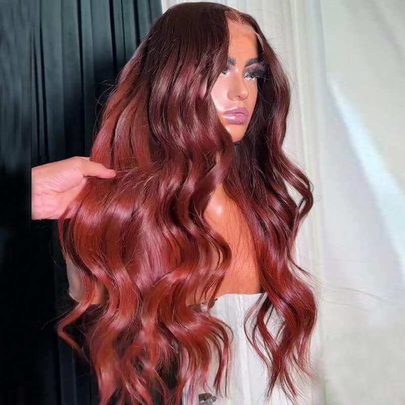 eullair Ombre Reddish Brown Loose Wavy Human Hair Wig with Curtain Bangs Layered Cut Human Hair Glueless Wig