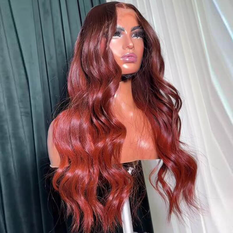 eullair Ombre Reddish Brown Loose Wavy Human Hair Wig with Curtain Bangs Layered Cut Human Hair Glueless Wig