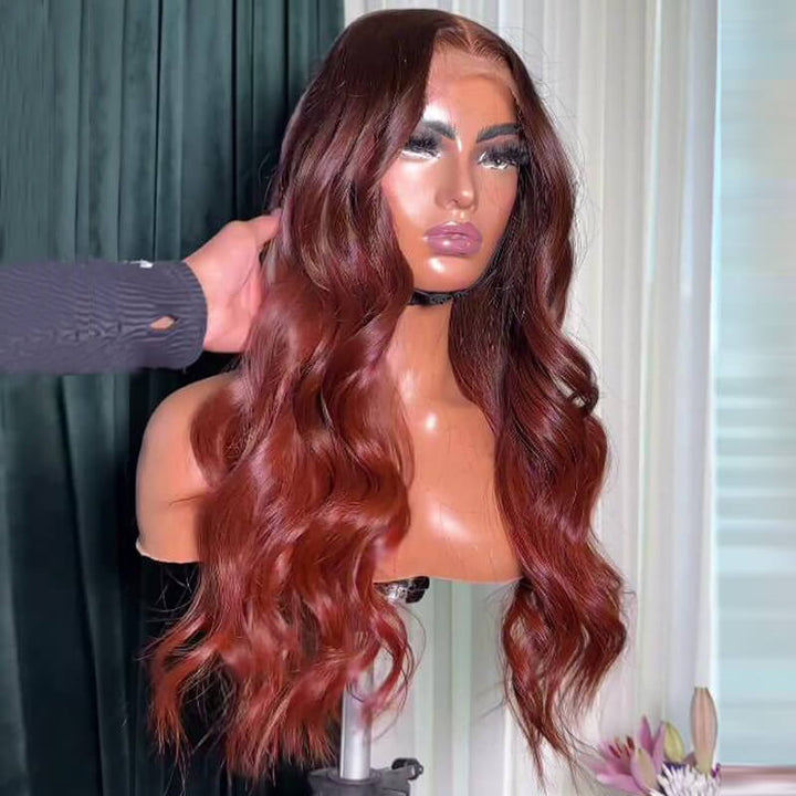 eullair Ombre Reddish Brown Loose Wavy Human Hair Wig with Curtain Bangs Layered Cut Human Hair Glueless Wig