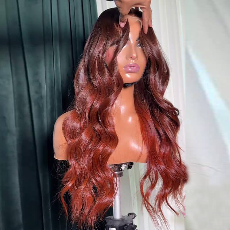 eullair Ombre Reddish Brown Loose Wavy Human Hair Wig with Curtain Bangs Layered Cut Human Hair Glueless Wig