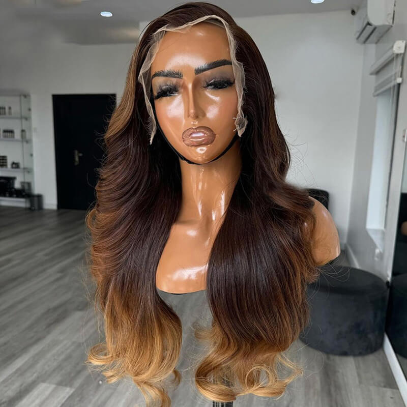 eullair Skunk Stripe Brown with Honey Blonde Highlights Lace Frontal Body Wave Human Hair Wig Curling Iron Styled Lace Wigs For Black Women EW013