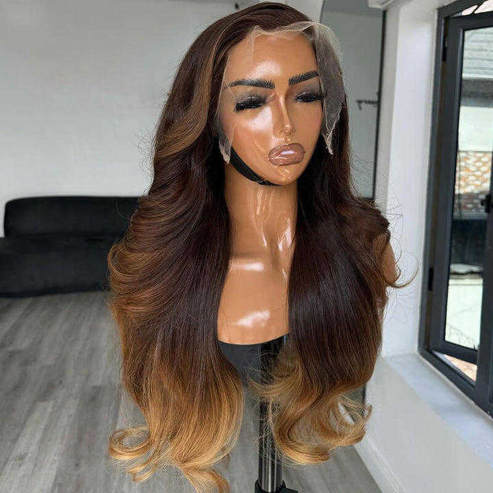 eullair Skunk Stripe Brown with Honey Blonde Highlights Lace Frontal Body Wave Human Hair Wig Curling Iron Styled Lace Wigs For Black Women EW013