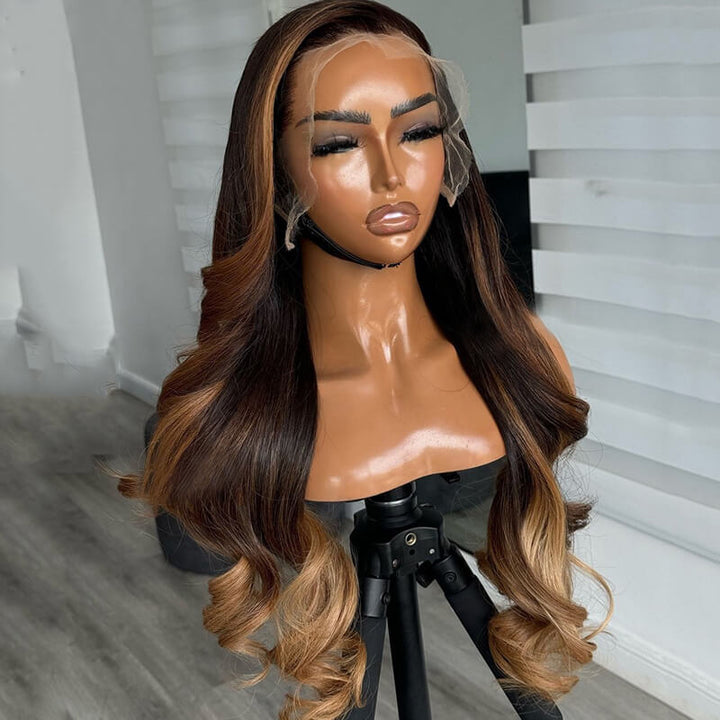 eullair Skunk Stripe Brown with Honey Blonde Highlights Lace Frontal Body Wave Human Hair Wig Curling Iron Styled Lace Wigs For Black Women EW013