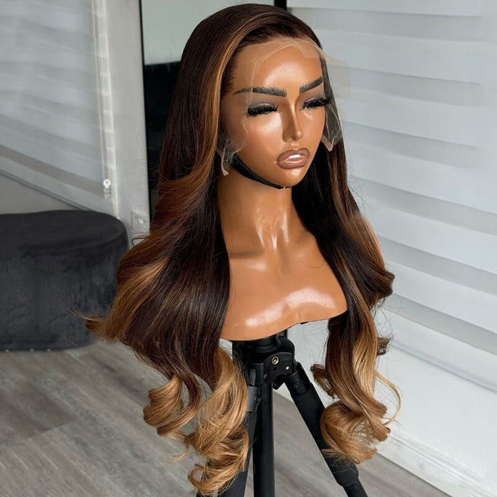 eullair Skunk Stripe Brown with Honey Blonde Highlights Lace Frontal Body Wave Human Hair Wig Curling Iron Styled Lace Wigs For Black Women EW013