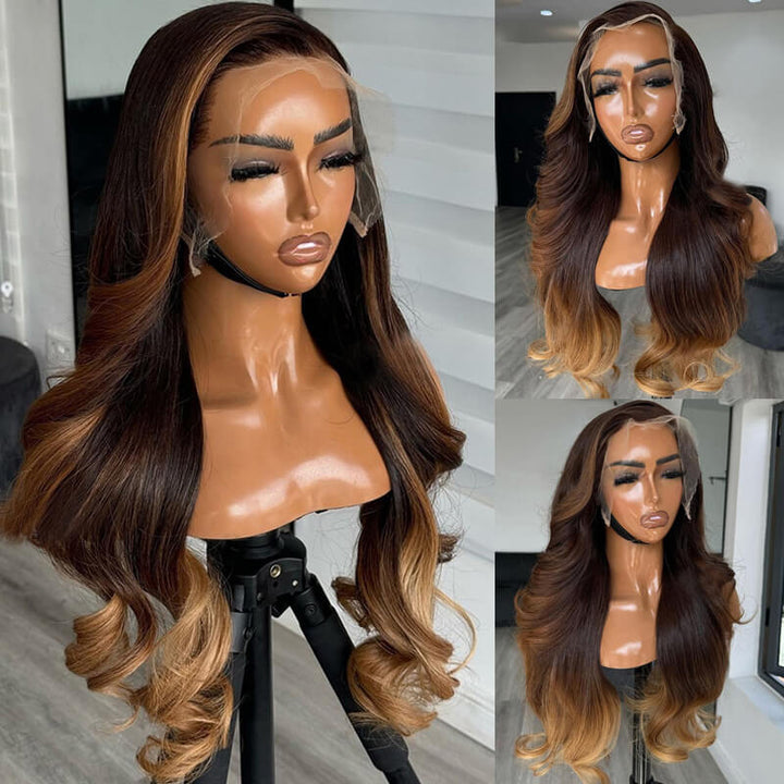eullair Skunk Stripe Brown with Honey Blonde Highlights Lace Frontal Body Wave Human Hair Wig Curling Iron Styled Lace Wigs For Black Women EW013