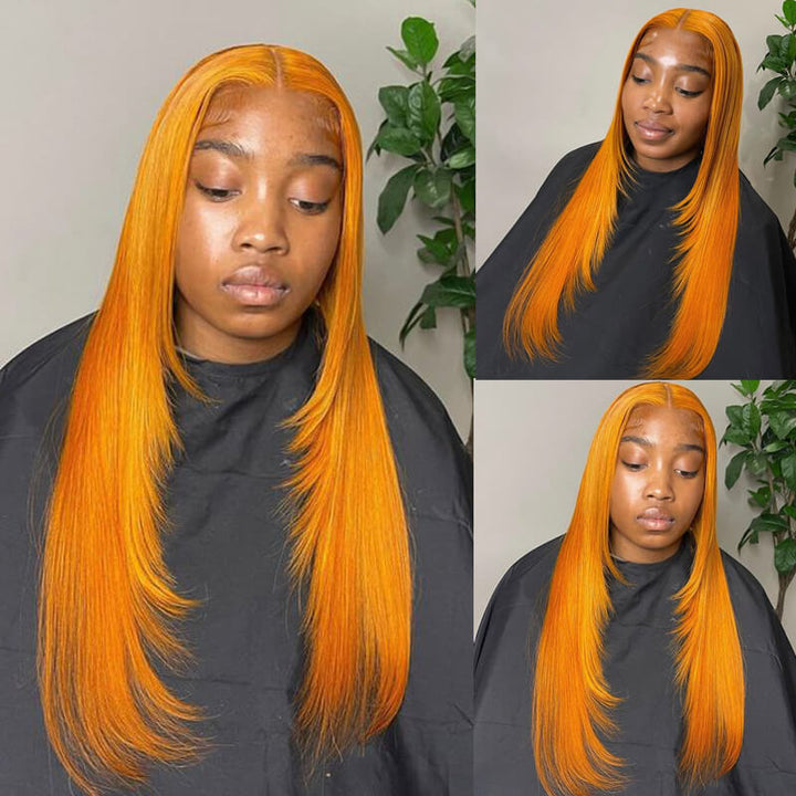 eullair Framing Green Skunk Stripe Layered Cut Styled Golden Ginger Highlight Straight Pre Cut Lace Front Human Hair Wig