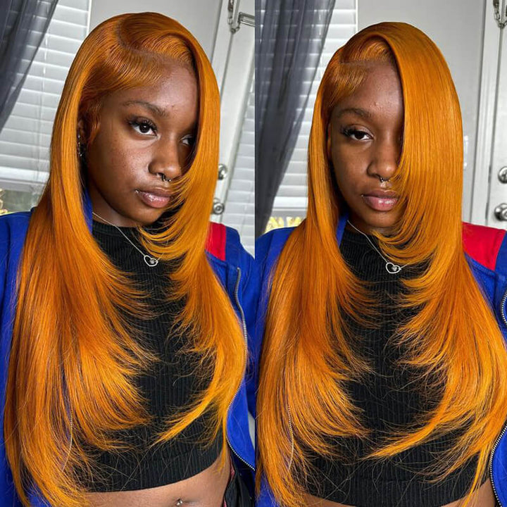 eullair Framing Green Skunk Stripe Layered Cut Styled Golden Ginger Highlight Straight Pre Cut Lace Front Human Hair Wig