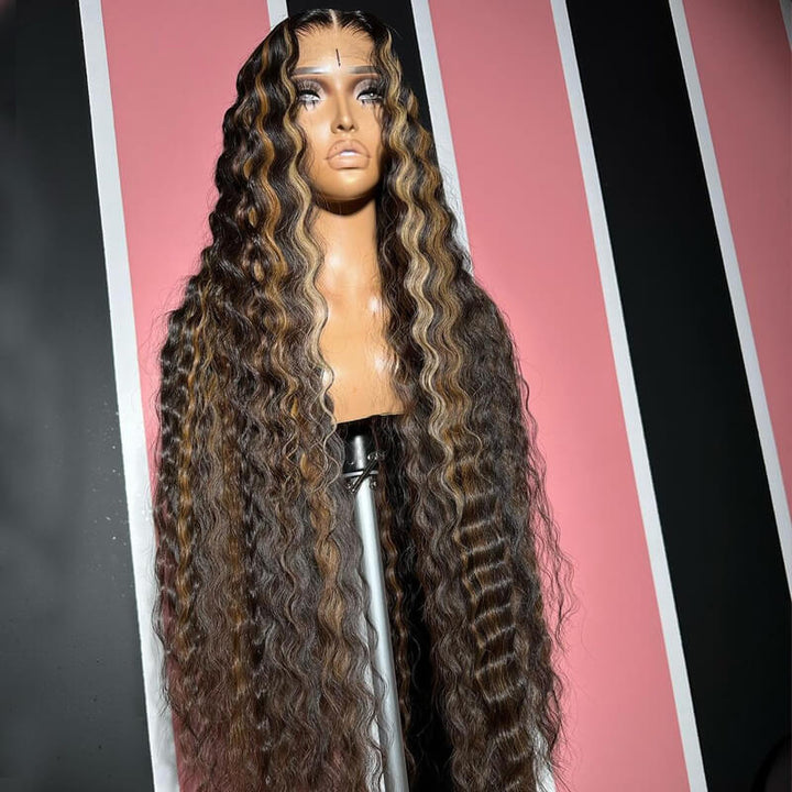 eullair Brown with Blonde Highlight Crimped Wavy Wig With Curling Iron Skunk Stripe Human Hair Lace Frontal Wig
