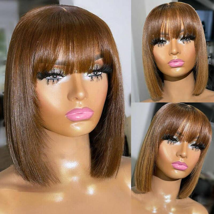 eullair Layered Cut Bangs Bob Wig Short Pre Colored Glueless Straight Hunan Hair 4x4 Lace Closure Wig