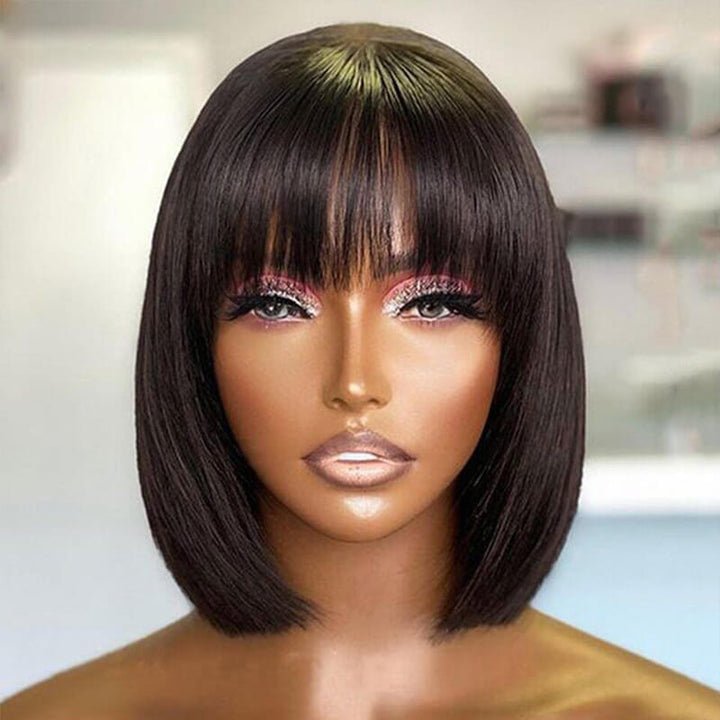 eullair Layered Cut Bangs Bob Wig Short Pre Colored Glueless Straight Hunan Hair Pre Cut 4x4 5x5 Lace Closure Wig