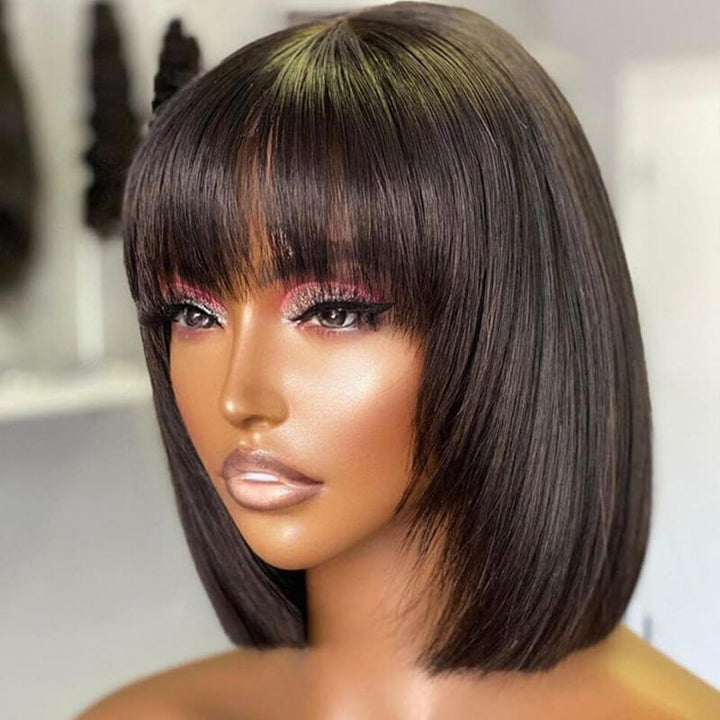 eullair Layered Cut Bangs Bob Wig Short Pre Colored Glueless Straight Hunan Hair Pre Cut 4x4 5x5 Lace Closure Wig