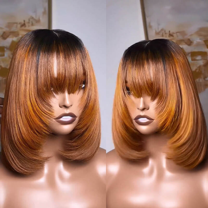 eullair Layered Cut Bangs Bob Wig Short Pre Colored Glueless Straight Hunan Hair Pre Cut 4x4 5x5 Lace Closure Wig