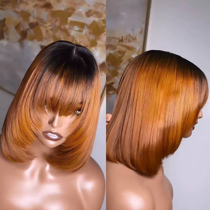 eullair Layered Cut Bangs Bob Wig Short Pre Colored Glueless Straight Hunan Hair Pre Cut 4x4 5x5 Lace Closure Wig