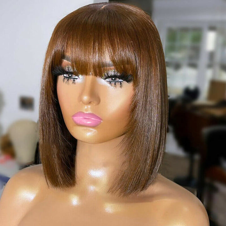 eullair Layered Cut Bangs Bob Wig Short Pre Colored Glueless Straight Hunan Hair Pre Cut 4x4 5x5 Lace Closure Wig