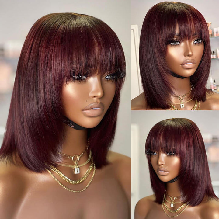 eullair Layered Cut Bangs Bob Wig Short Pre Colored Glueless Straight Hunan Hair Pre Cut 4x4 5x5 Lace Closure Wig