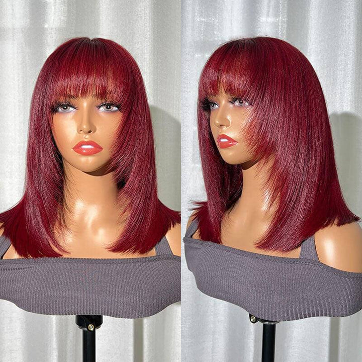eullair Layered Cut Bangs Bob Wig Short Pre Colored Glueless Straight Hunan Hair 4x4 Lace Closure Wig