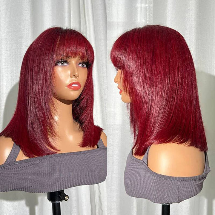 eullair Layered Cut Bangs Bob Wig Short Pre Colored Glueless Straight Hunan Hair 4x4 Lace Closure Wig