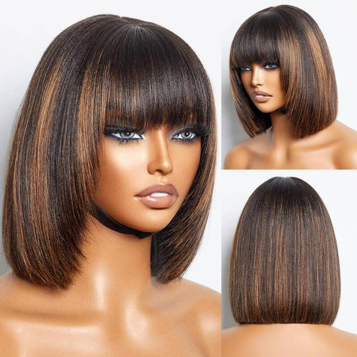 eullair Layered Cut Bangs Bob Wig Short Pre Colored Glueless Straight Hunan Hair 4x4 Lace Closure Wig